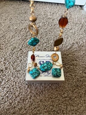 Premier Designs Turquoise, Gold and Amber Statement Necklace